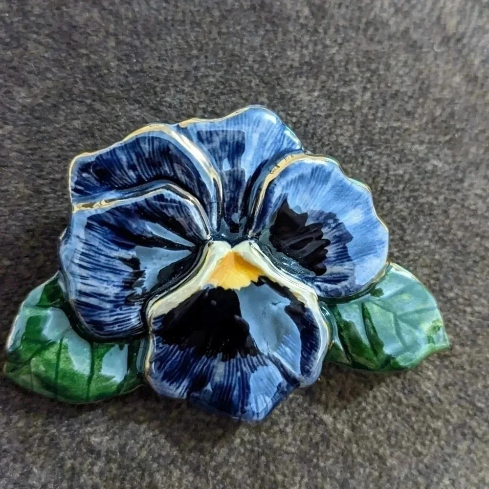 Vintage Ceramic Brooch Pin Flower - Blue‎ Pansies and Green Leaves  Hand Made
